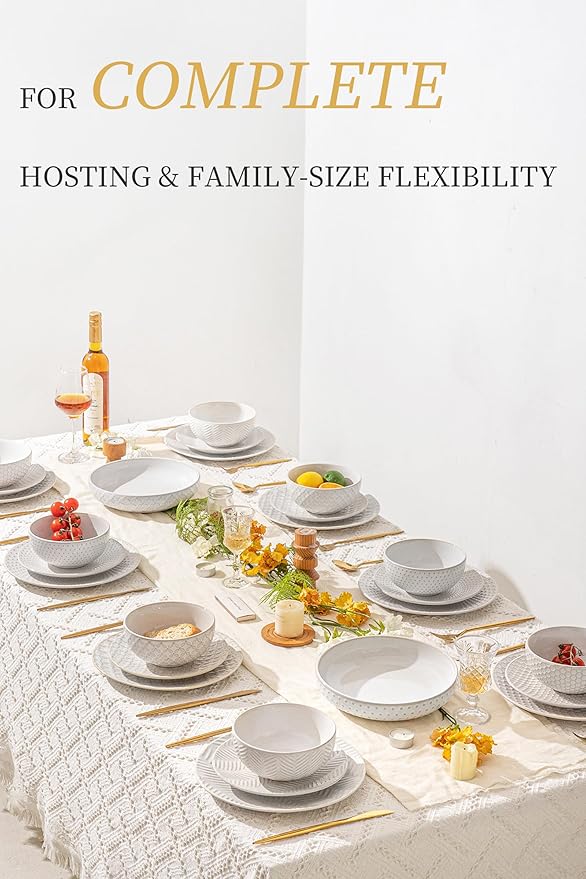 32-Piece Luxury Dinnerware Set,Complete Plates and Bowls Set for 8,Upscale Ceramic Dish Set for Hosting, Holidays & Family Gatherings–Microwave & Dishwasher Safe