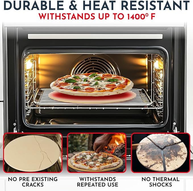 3PCS Round Pizza Stone for Oven Set 15" - Comes with Pizza Peel for Oven and Cutter - Cordierite Stones for Bread, Calzone, Cookies