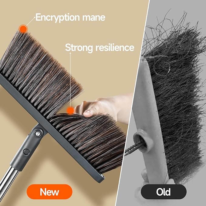 CTIME Broom with Dustpan, Broom with Dustpan Combo Set, 51.6" Adjustable Long Handle with 2 Replaceable Broom Heads, Standing Broom and Dustpan Set for Indoor Sweeping, Home, Office, Kitchen,Floor