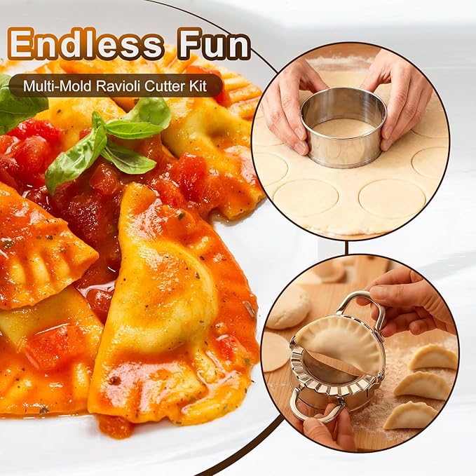 10Pcs Ravioli Cutter Mold, Pasta Making Kit with Round, Square Ravioli Stamp Maker Cutter, Ravioli Making Set Wood Rolling Pin
