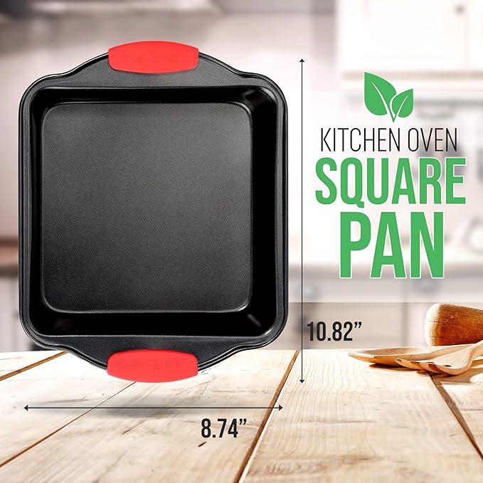 NutriChef Nonstick Square Baking Pan with Red Silicone Grip Handles - Square Brownie & Cake Tray - Even Heat Distribution, PFOA, PFOS, PTFE-Free Nonstick Coating - 8" x 8" Pan, Gray