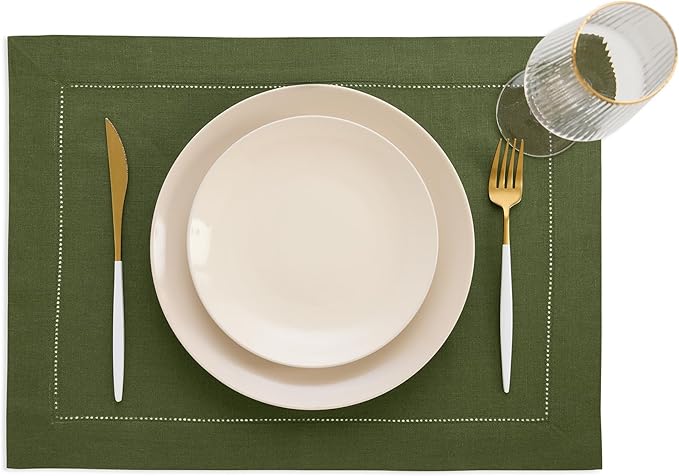 Solino Home Linen Cloth Placemats Set of 4-100% Pure Linen Hemstitch Olive Placemats 14 x 19 Inch - Classic Hemstitch Table Place Mats for Fall, Autumn, Thanksgiving, Christmas
