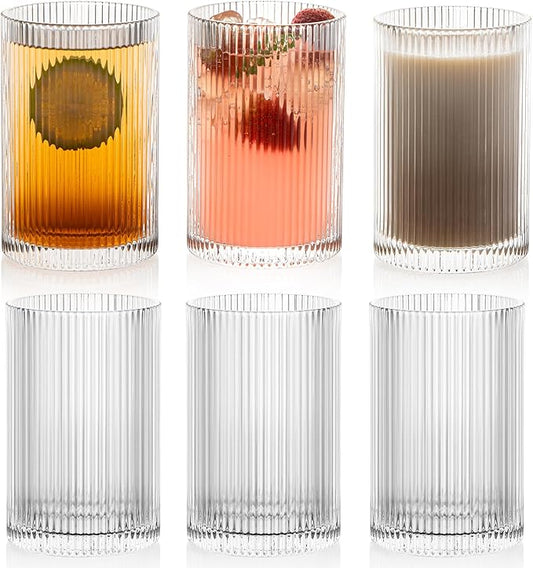 Vintage Ribbed Glassware Set: 6pcs 16.9oz XL Drinking Glasses, Fluted Ripple Drinkware, Origami Style, Elegant Glassware for Whiskey, Cocktail, Iced Coffee, Juice, Beer, Soda