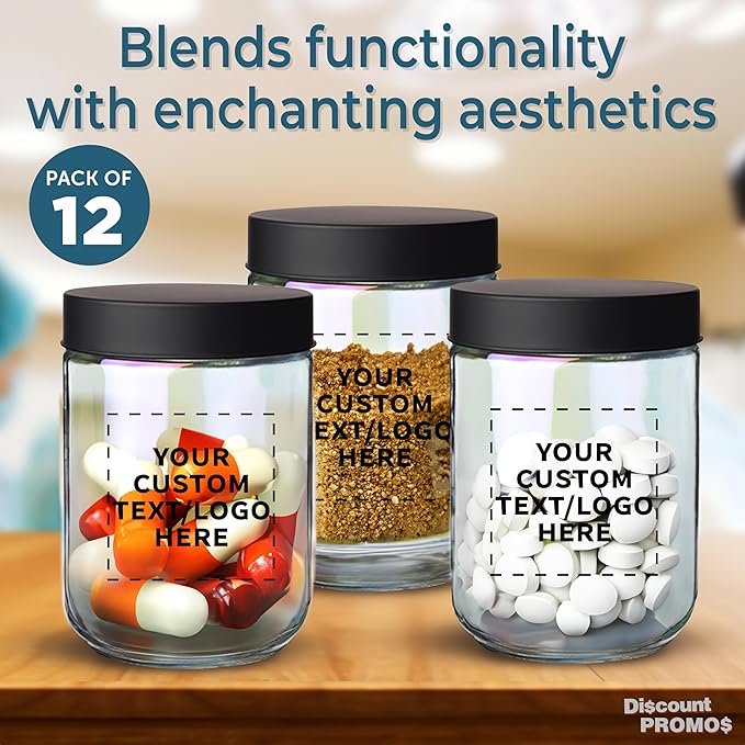 DISCOUNT PROMOS Custom Luminous 32 oz.Storage Jars Set of 12, Personalized Bulk Pack - Durable Kitchen Organization, Home Decor Essentials, Food Storage Solutions - Clear
