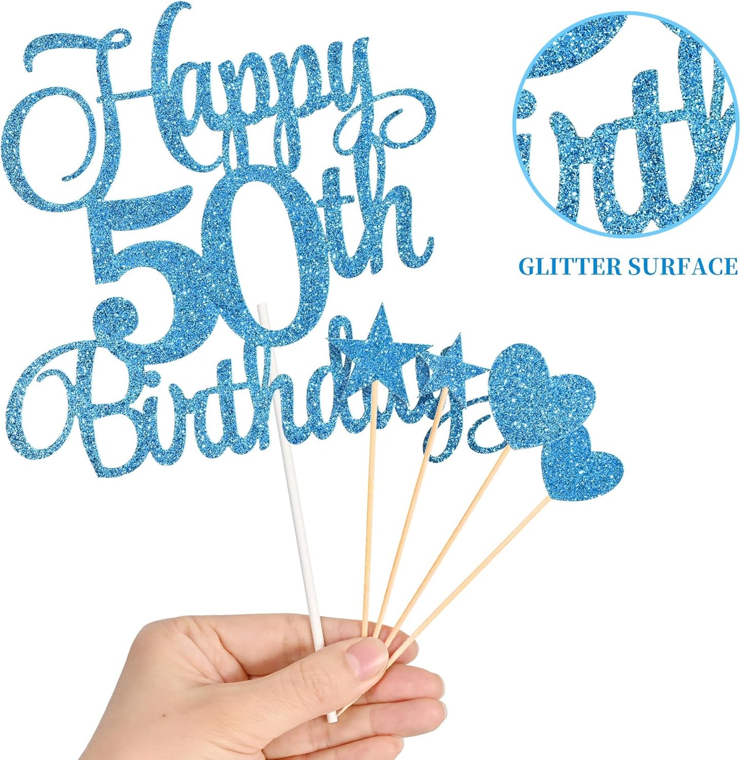 50th Birthday Cake Decorations, 50th Birthday Candles Cake Numeral Candles and Glitter Happy 50th Birthday Cake Toppers Set for Birthday Party Supplies (Blue)