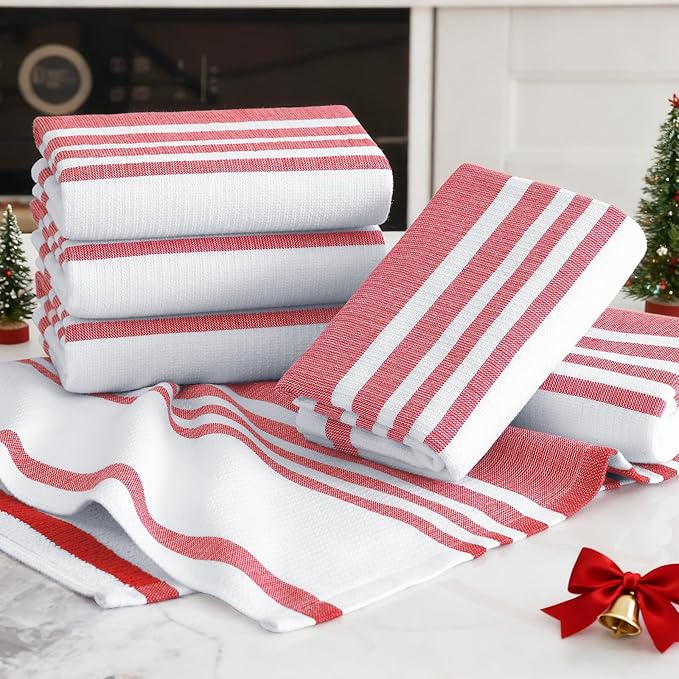 Homaxy Premium Kitchen Towels 18”x 28”, Large Cotton 380 GSM Kitchen Hand Towels, Stripe and Terry Dish Towel, Highly Absorbent Tea Towel Set with Hanging Loop, 6 Pack, Red
