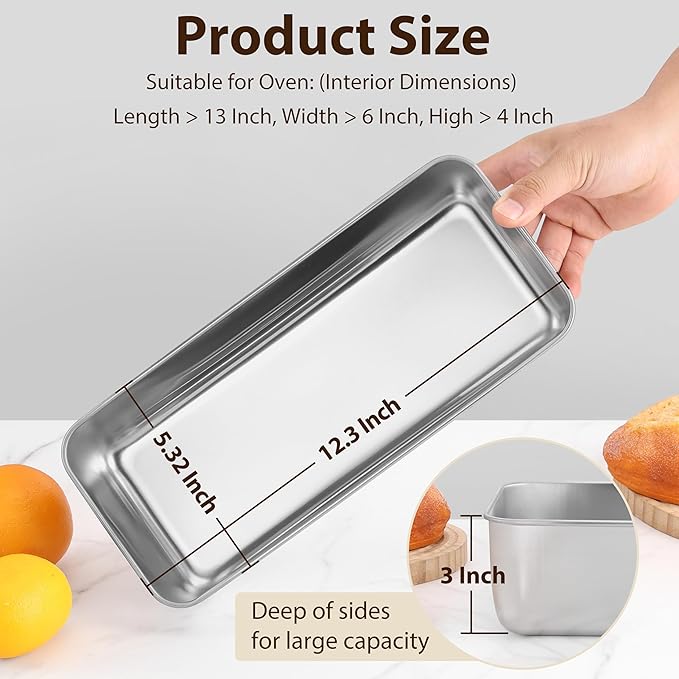 P&P CHEF Loaf Pans for Baking Bread, 12 x 5 Inch Large Stainless Steel Bread Loaf Pan Tins for Homemade Meatloaf Cake Brownies, Healthy & Sturdy, Oven & Dishwasher Safe, 3Pcs