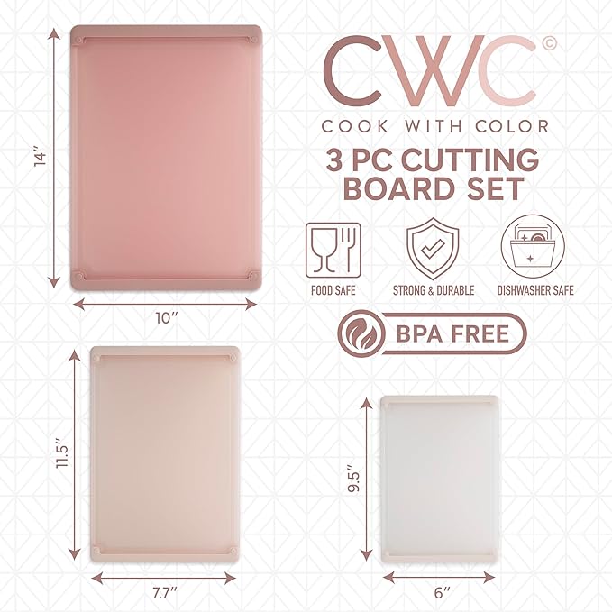 COOK WITH COLOR Extra Large Cutting Board Set, Jumbo-Sized Boards with Rubber Border for Enhanced Cooking Experience, 3-Piece, Pink