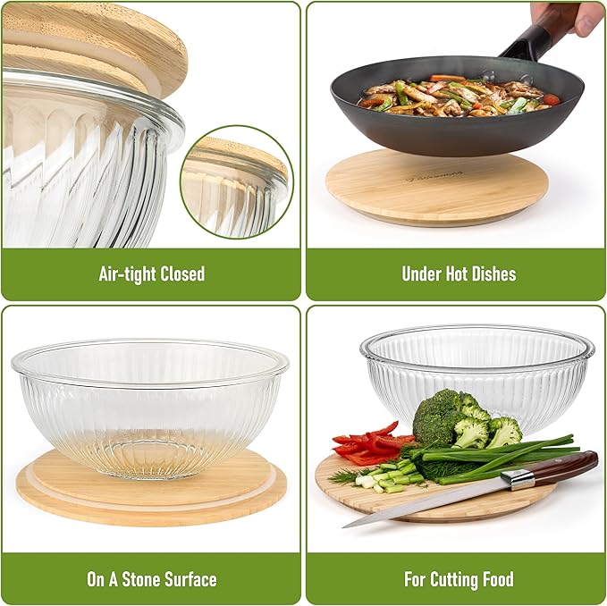 Stackable Space-Saving Set of 5 Nesting Glass Bowls with Bamboo Lids for Foodprep, Storage, Baking, Mixing & Cooking, Microwave & Oven Safe BPA Free Heat Resistant Inert Borosilicate Glass