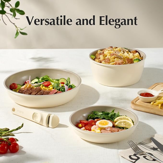 Redchef Pans and Pots Set Nonstick, Ceramic Cookware Set with Detachable Handles, Healthy,Non Toxic, Kitchen Cookware Sets16Pcs, Induction RV Kitchen Set, PFAS PFOA & PTFE Free, Beige White