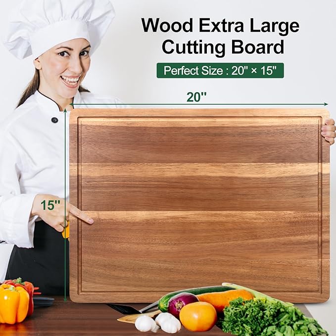 20" XL Extra Large Wooden Cutting Boards for Kitchen Charcuterie Boards Hardwood Solid Chopping Board Big Acacia Wood Cutting Board Meat Serving Cheese Board Thick Butcher Block Turkey Carving Board