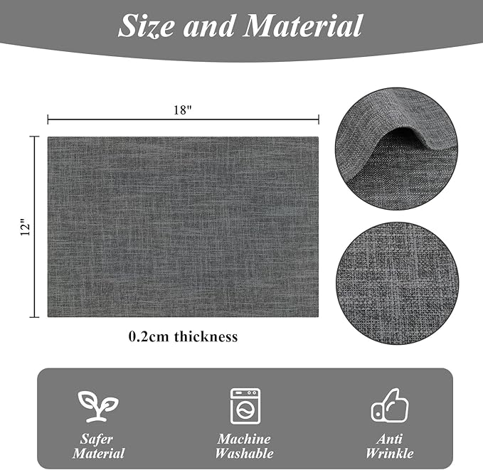 SHACOS Woven Fabric Placemats Set of 4 Heat Resistant Place Mats Non Slip Washable Double Layer Cloth Placemats Reversible Table Mats Kitchen Dining Table Decor (4, Dark Grey)