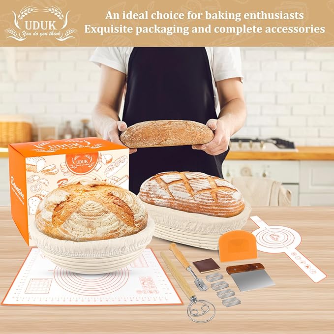 Banneton Bread Proofing Basket,Sourdough Proofing Basket Set of 2, 10 inch Round and 9.6 Oval with Bread Making Tools, Sourdough Bread Baking Supplies, Natural Rattan Proofing Bowls Baskets