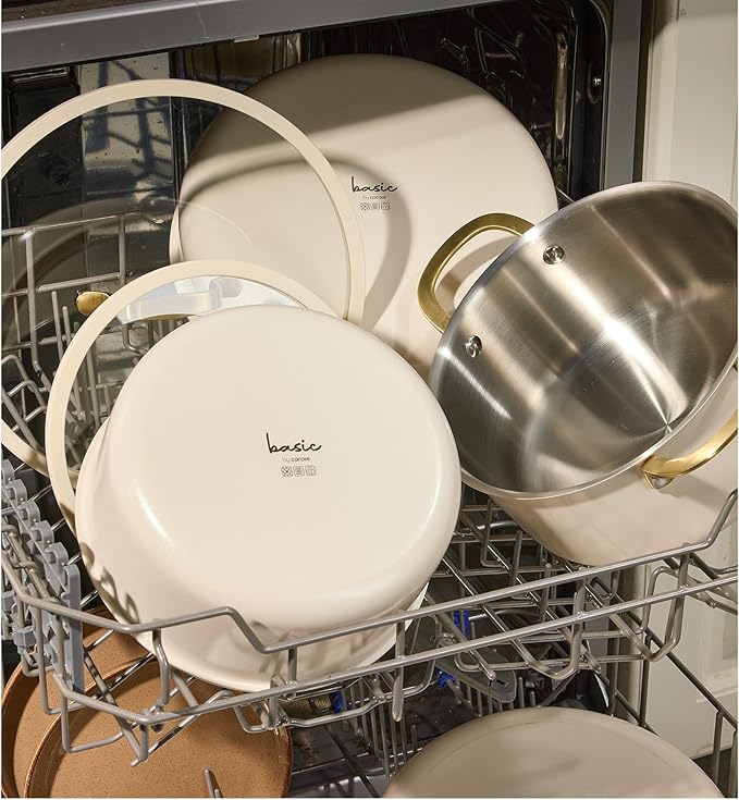 CAROTE 19pcs Tri-Ply Stainless Steel Cookware Set with Detachable Handle, Pots and Pans Set, Induction Kitchen Cooking Sets, RV/Camping Cookware, Outer Ceramic Layer, Oven Safe, Cream White