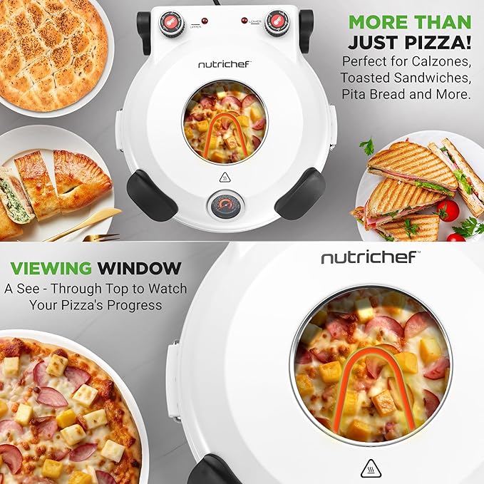 NutriChef Electric Pizza Oven | 1200W Countertop Pizza Maker with Temperature Control & Thermometer | Viewing Window for Precise Cooking | Heats up to 800˚F | Easy to Clean Non-Stick Coating | White