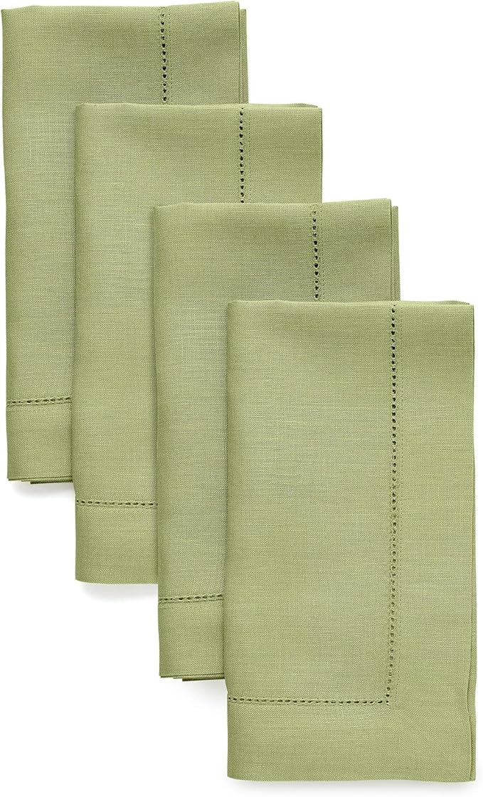 Solino Home Linen Napkins Set of 4 - Classic Hemstitch 100% Pure Linen Moss Green Dinner Napkins Cloth 20 x 20 Inch for Fall, Autumn, Thanksgiving, Winter - Handcrafted and Machine Washable