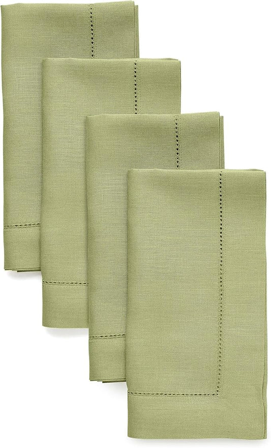 Solino Home Linen Napkins Set of 4 - Classic Hemstitch 100% Pure Linen Moss Green Dinner Napkins Cloth 20 x 20 Inch for Fall, Autumn, Thanksgiving, Winter - Handcrafted and Machine Washable
