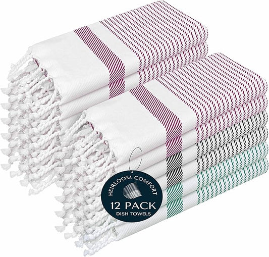 Multi Color Kitchen Towels 16x26 Inch, 12 Pack, 100% Cotton, Ultra Absorbent, Fast Dry, Machine Washable, Drying Dishes, Cleaning, Everyday Use - Burgundy, Black, Green