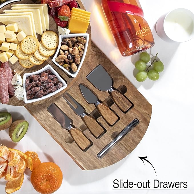 Acacia Cheese Board and Knife Set with Ceramic Bowls, Charcuterie Platter for Entertaining, Wedding & Christmas Gifts, Housewarming and Birthday Gift for Couples