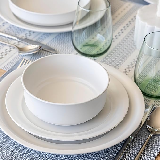 over&back Rim Dinnerware Set - Stoneware Dishes - Comes with 4 Dinner Plates, Salad Plates, Cereal Bowls, and Dinner Bowls - 16-Piece All-Occasion Place Settings - Serves Four - Semi-Matte White