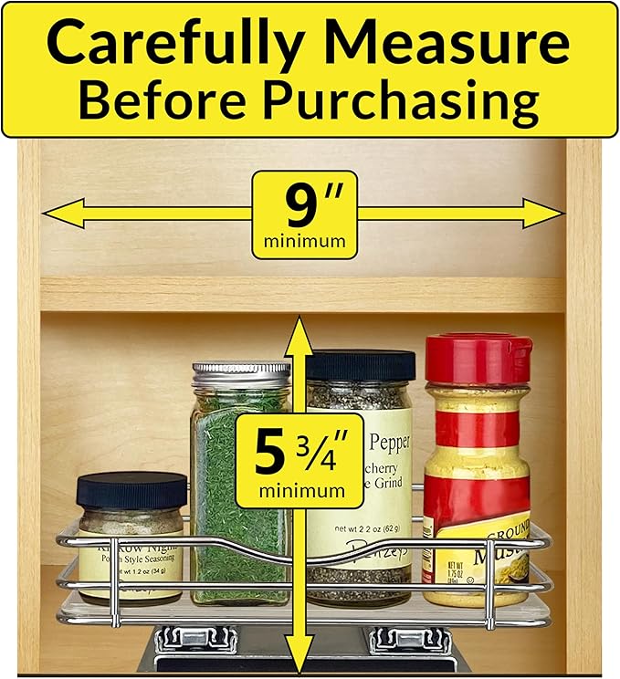 LYNK PROFESSIONAL® Pull Out Spice Rack Organizer for Inside Kitchen Cabinets - 8-3/8 inch Wide - Slide Out Drawer – Chrome Sliding Spice Cabinet Organization Shelf Racks - 1 Tier