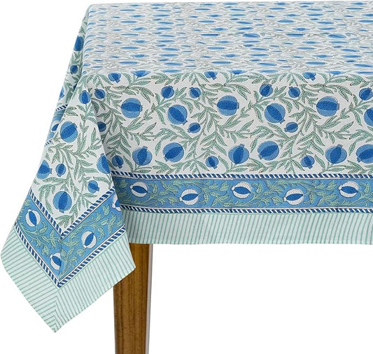 Ridhi Queen Blue Hand Block Print Cotton Rectangle Tablecloth 140 x 72 inches Reusable Table Cover Decorative Everyday Use for Dining Room, Farmhouse, Home, Party, Festive & Wedding, Fall