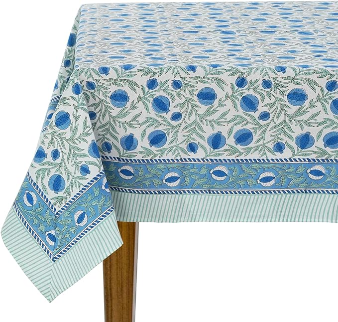 Ridhi Queen Blue Hand Block Print Cotton Rectangle Tablecloth 108 x 60 inches Reusable Table Cover Decorative Everyday Use for Dining Room, Farmhouse, Home, Party, Festive & Wedding, Fall