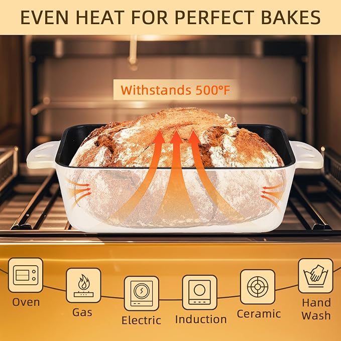 9x5 Enameled Cast Iron Loaf Pan with Lid - 2 in 1 Bread Pan for Baking Homemade Sourdough