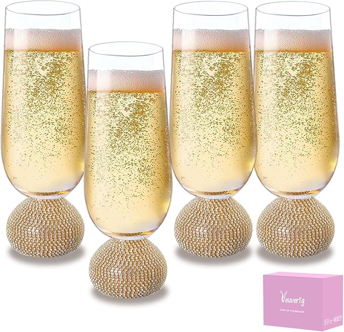 Champagne Flutes set of 4,Stemless Wedding Champagne Glasses,Unbreakable Crystal Fancy Mimosa Glasses,10 Oz Short Handle Champagne Flutes,for Engagement,Bachelorette Party,Birthday(Gold Clear)