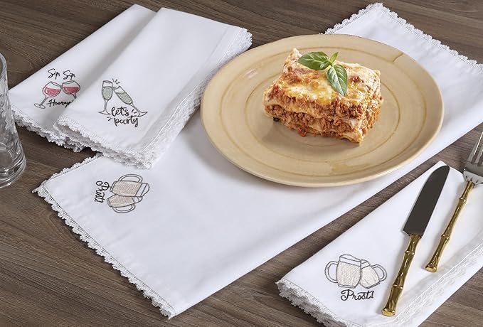 Bedding Craft Cotton Cloth Dinner Napkins Set of 12 – 18x18 Embroidered Motif with Decorative Lace Edges – Machine Washable Fabric Napkins for Weddings, Baby Showers, Christmas & Easter