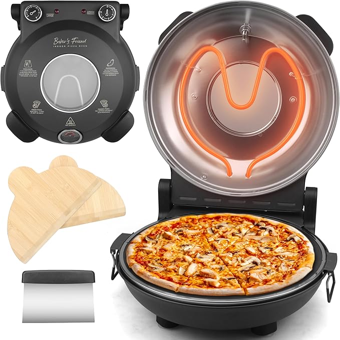 Baker’s Friend Electric Pizza Oven Indoor Countertop, 12 Inch Pizza Maker Machine for Home, Pizza Cooker & Pizza Grill, Premium Glazed Ceramic Stone Pizza Oven, Graphite Gray