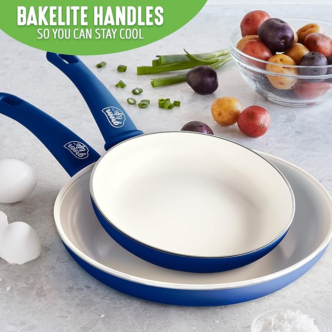 GreenLife Non Stick Fry Pan Set (7" & 10"), Non-Toxic PFAS-Free Ceramic Skillets, Dishwasher & Oven Safe, Egg Omelet Frying Pans, Stay- Cool Handles, Kitchen Home Cooking Essentials, Blue