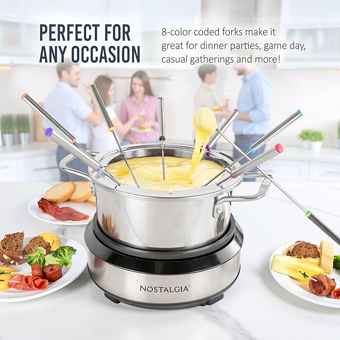 Nostalgia 8-Cup Electric Fondue Pot Set for Cheese & Chocolate - 8 Color-Coded Forks, Temperature Control - Kitchen Gadgets and Appliances for Hors d'Oeuvres and More - Stainless Steel