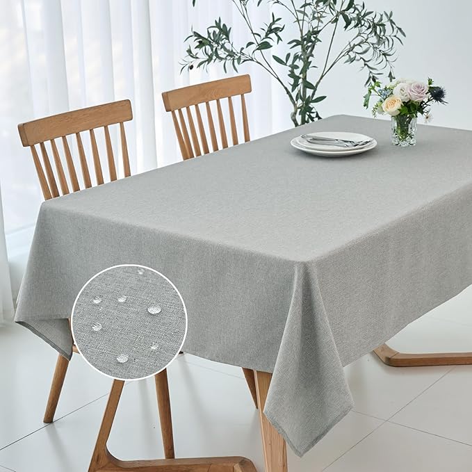maxmill Rectangle Linen Texture Tablecloth Stain Proof Waterproof Wrinkle Free Washable Dining Table Cloth Wipeable Fabric Dining Room Table Cover Farmhouse Tablecloths, 60 x 120 Inch, Light Grey