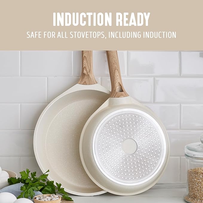 GreenLife Nonstick 2 Piece Frying Pan Set, 9.5" & 11" Skillets Ceramic PFAS-Free Nontoxic, Induction Suitable, Wood Print Handles, Stay-Cool Handles, Deep Cooking Skillets, Egg Pan, Granite Cream