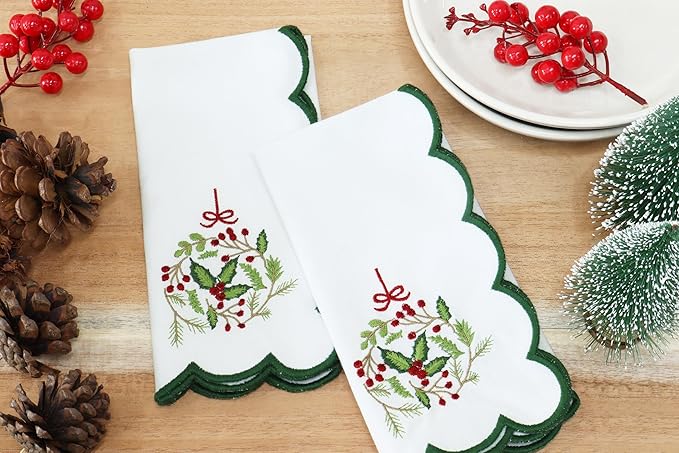 PurpleEssences Scalloped Embroidery Cloth Napkins Christmas Holiday Winter Table Decor 100% Cotton Set of 4-18 x 18 inch - White - Edges - Forest Green - Christmas Wreath