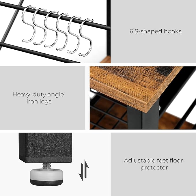 VASAGLE ALINRU Kitchen Baker’s Rack, Coffee Bar, Microwave Oven Stand, with Steel Frame, Wire Basket, 6 Hooks, 35.4", Rustic Brown