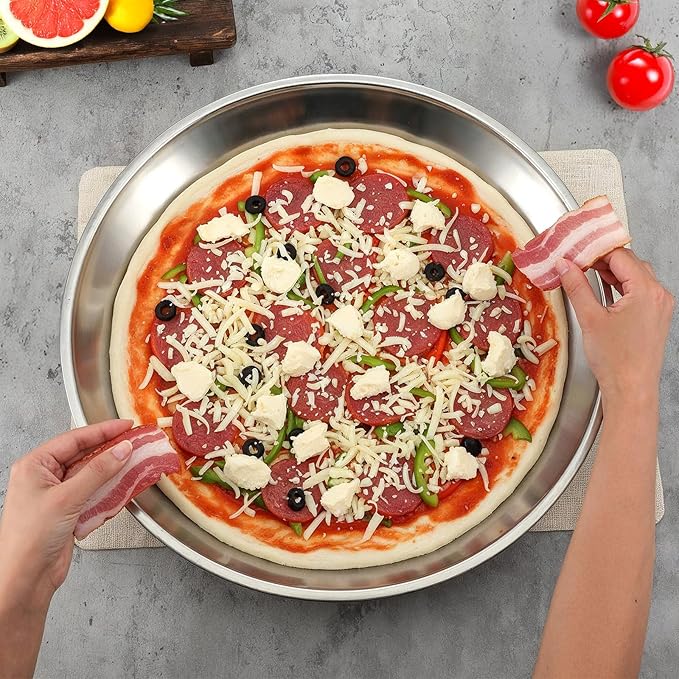 3 Pcs Deep Pizza Pans, 16" Stainless Steel Pizza Tray for Oven Reusable Round Kitchen Baking Cooking Pan Home Restaurant Safe Bakeware for Serving Displaying Cookie Cakes Pies, Dishwasher Safe