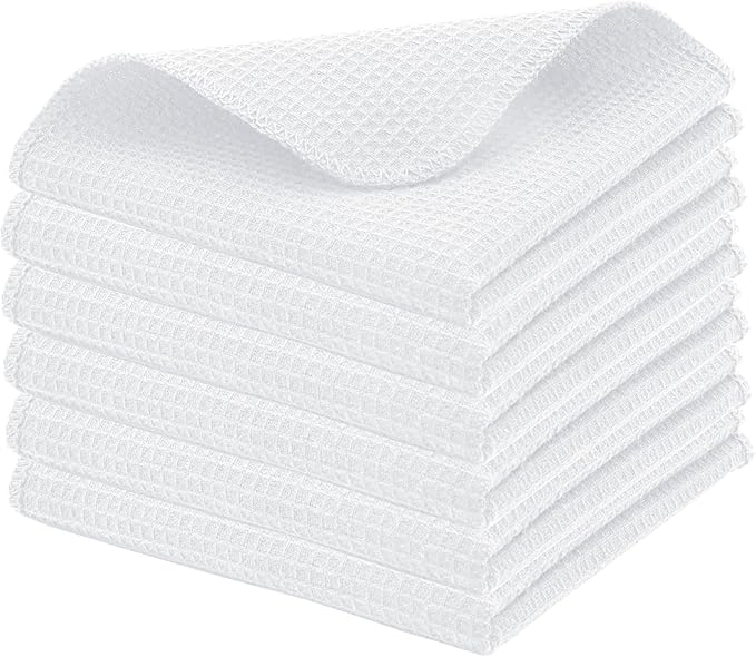 PurpleEssences Dish Cloths and Dish Rags - 6 Pack Waffle Weave Solid Kitchen Dish Wash Cloths, 100% Cotton, 12 x 12 Inches, Ultra Soft Absorbent Quick Drying - Christmas Holiday Winter - White