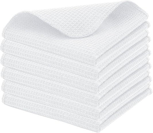 PurpleEssences Dish Cloths and Dish Rags - 6 Pack Waffle Weave Solid Kitchen Dish Wash Cloths, 100% Cotton, 12 x 12 Inches, Ultra Soft Absorbent Quick Drying - Christmas Holiday Winter - White