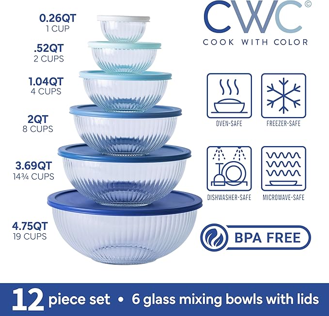 COOK WITH COLOR 12 Pc Glass Mixing Bowl Set with Lids – Borosilicate Glass Nesting Bowls for Cooking, Baking and Meal Prep, Fluted Blue