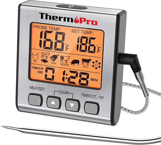 ThermoPro TP16S Digital Meat Thermometer for Cooking and Grilling, BBQ Food Thermometer with Backlight and Kitchen Timer, Grill Temperature Probe Thermometer for Smoker, Barbecue, Oven, Baking,Oil