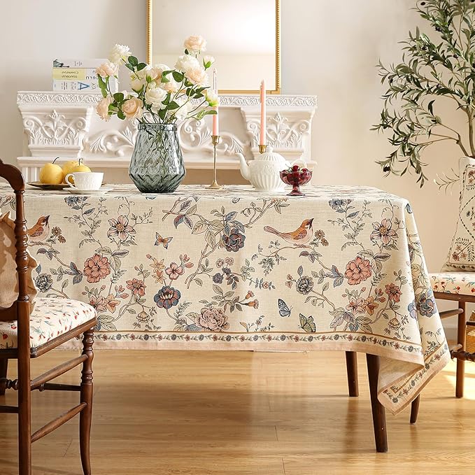 French Tablecloth for Rectangle Tables,Linen Table Cloth with Flowers and Birds Pattern,Heavy Durable Table Cover for Dining Thanksgiving Kitchen Decor Party Banquet Christmas,63"*94"