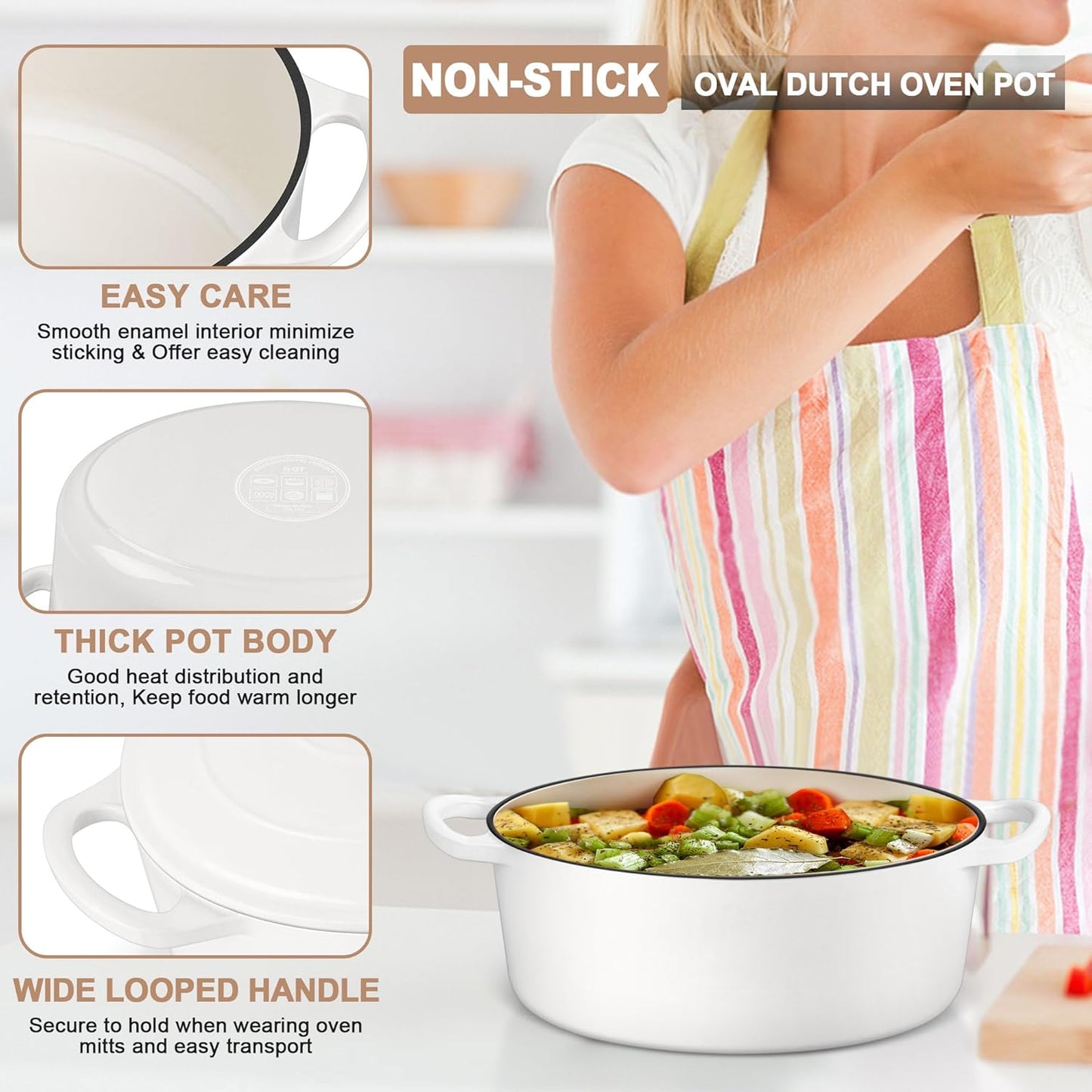 E-far 5QT Oval Dutch Oven Pot with Lid, Enameled Cast Iron Dutch Oven with Dual Handles for Sourdough Bread Baking Cooking, Nonstick Enamel Coated Cookware(White), Non-Toxic & Easy Clean