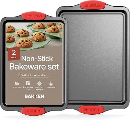 BAKKEN Kitchen Baking Pans - Medium (15.15 × 10.03") and Large (17.1 x 11.8") Nonstick Sheets, Carbon Steel Cookie Sheets with Red Silicone Handles, PFOA, PFOS, PTFE Free, Oven Safe (450°F), Set of 2