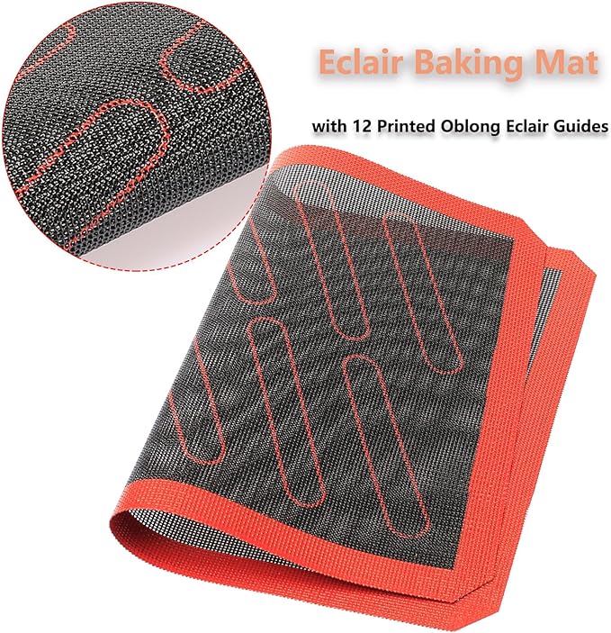 Perforated Silicone Baking Mats, 2 PCS Eclair Silicone Mat for Half Sheet with 12 Printed Oblong Eclair Guides, Non-Stick Reusable Oven Liners for Making Bread/Pizza/Pastry/Cookie 11-4/5" x 15-3/4"