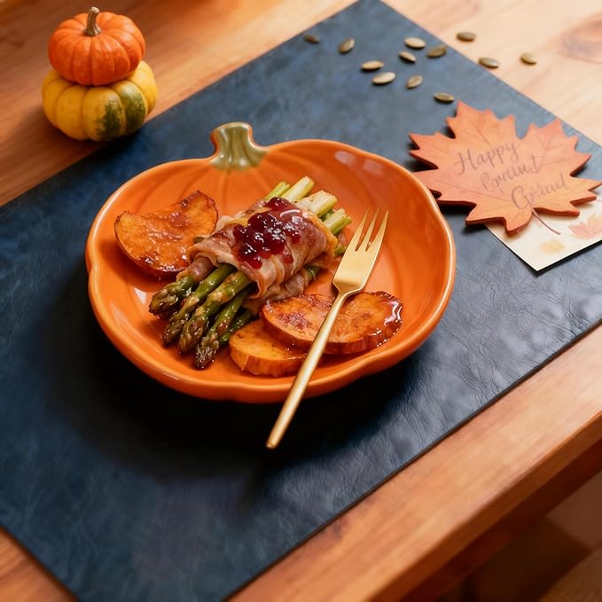 DOLOPL Placemats Set of 4 Reversible Dual-Color Table Placemats– Heat Resistant Wipeable & Washable Place Mats, Luxury Faux Leather Table Mats for Vintage Dining Table Decor (Camel & Navy Blue)