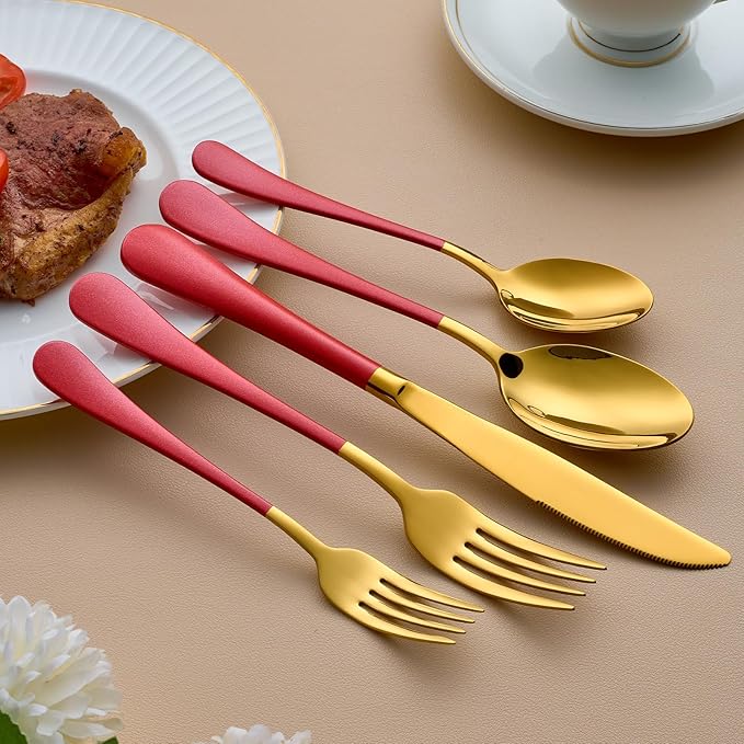 20-Piece Gold and Red Silverware Set for 4, 18/0 Stainless Steel Flatware Cutlery Utensils Set, Include Dinner Knives,Dinner Forks,Dinner Spoons,Salad Forks,Teaspoons,Dishwasher Safe…, ZT-2223