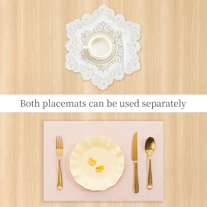 BACKTOEDEN Placemats Set of 6 Heat Resistant Washable Wipeable Placemat Woven Non-Slip Foldable Vinyl/Plastic Place Mats Indoor/Outdoor Mat Kitchen Dining Table Pad, White Snowflake & Pink