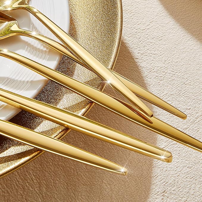 KINGSTONE Silverware Set, 60-Piece Flatware Set Cutlery Set Premium 18/10 Stainless Steel, Tableware Include Forks Knives Spoons for Home Kitchen Restaurant Wedding, Dishwasher Safe,Gold